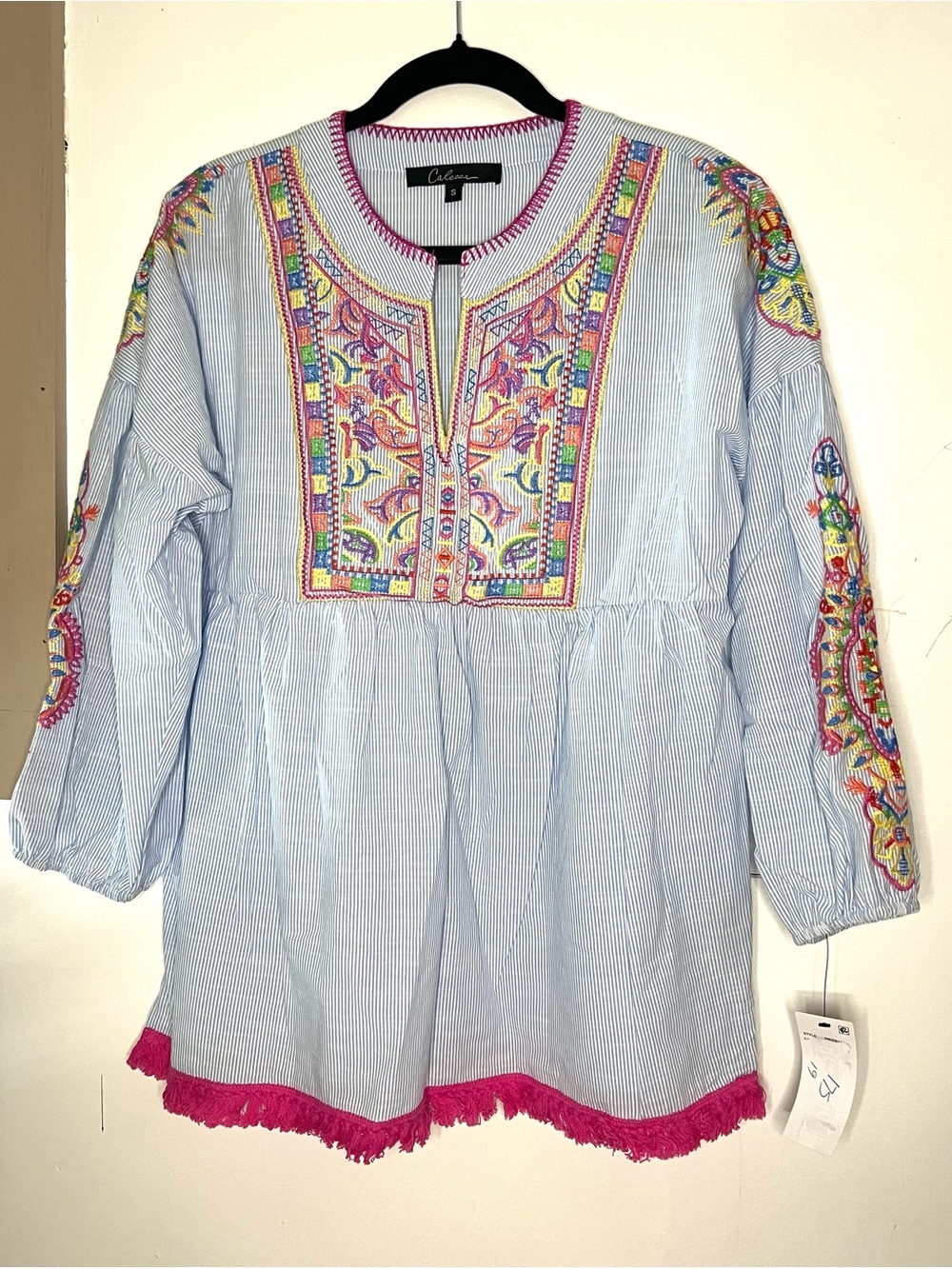 🏷️Calessa Kaleidoscope Embroidered Cotton Blend Boho Tunic Blouse Size Small NWT